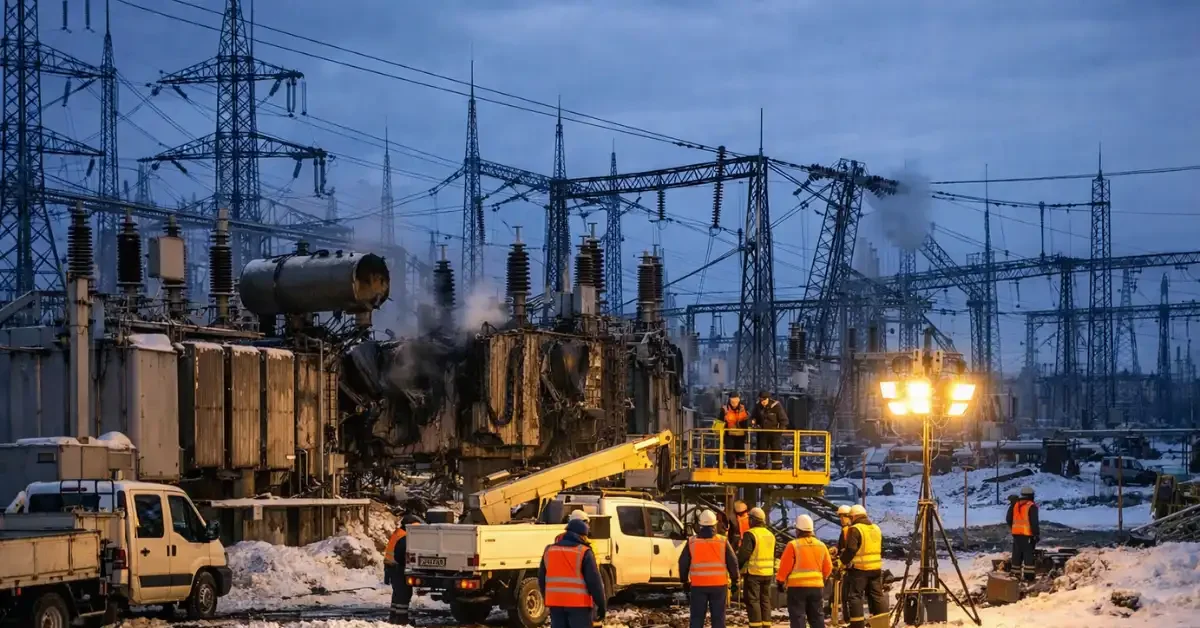 Repair crews work on a damaged electrical substation in Ukraine under floodlights during a snowy winter evening following a massive missile and drone attack.