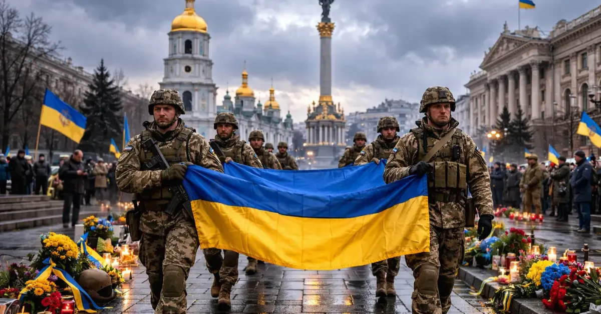 Ukrainian soldiers carry the national flag during a somber memorial gathering in a Kyiv central square to mark four years of conflict.