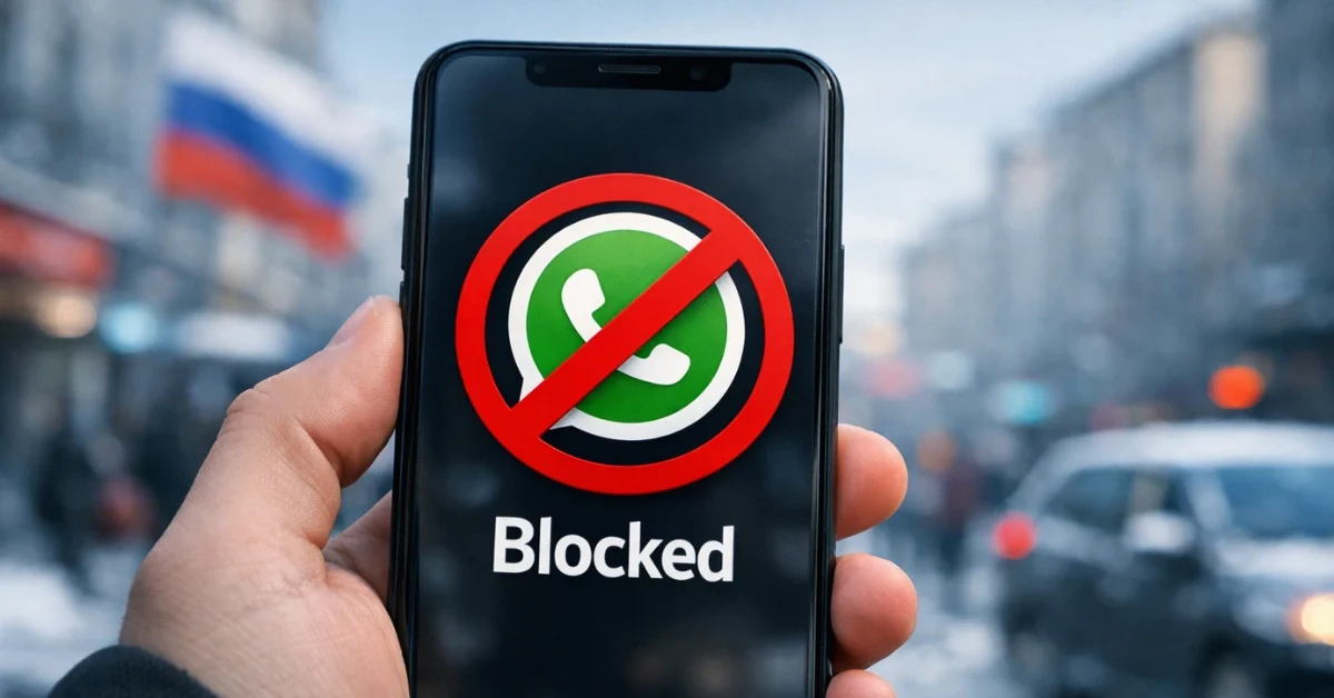 A close-up of a smartphone displaying the WhatsApp icon with an access-blocked indicator, with a blurred city street scene in the background.