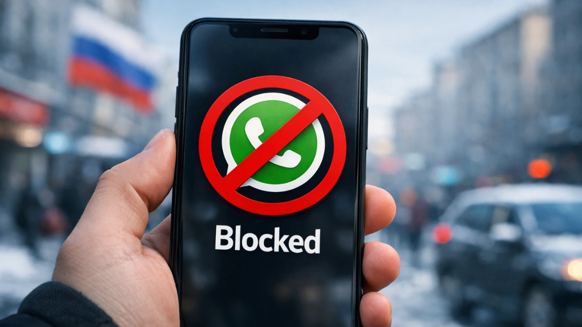 A close-up of a smartphone displaying the WhatsApp icon with an access-blocked indicator, with a blurred city street scene in the background.