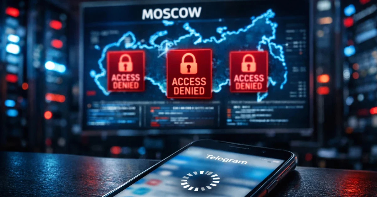 A smartphone showing a loading error on the Telegram app in front of a high-tech Russian server monitoring room.
