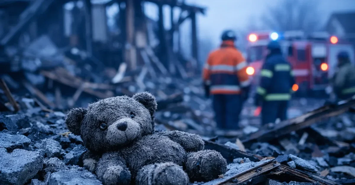 The charred ruins of a residential house in Bohodukhiv, Kharkiv, following a Russian drone strike, with debris and a child's toy in the foreground.