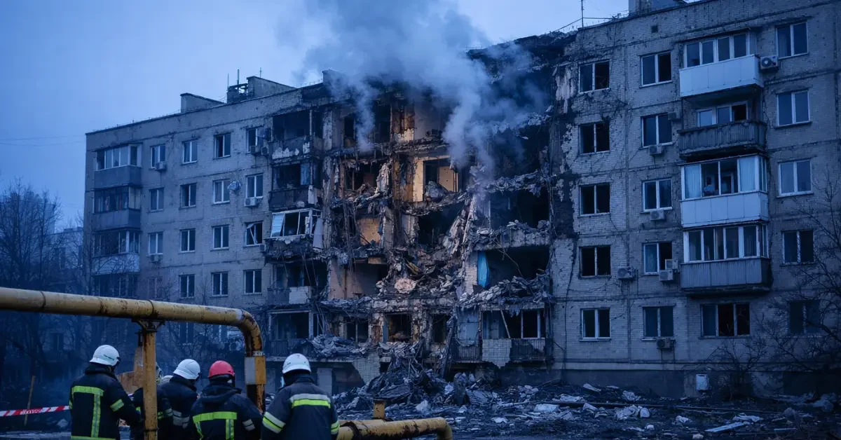 A damaged residential building and gas pipeline in Odesa following an overnight drone strike, with emergency responders on the scene.