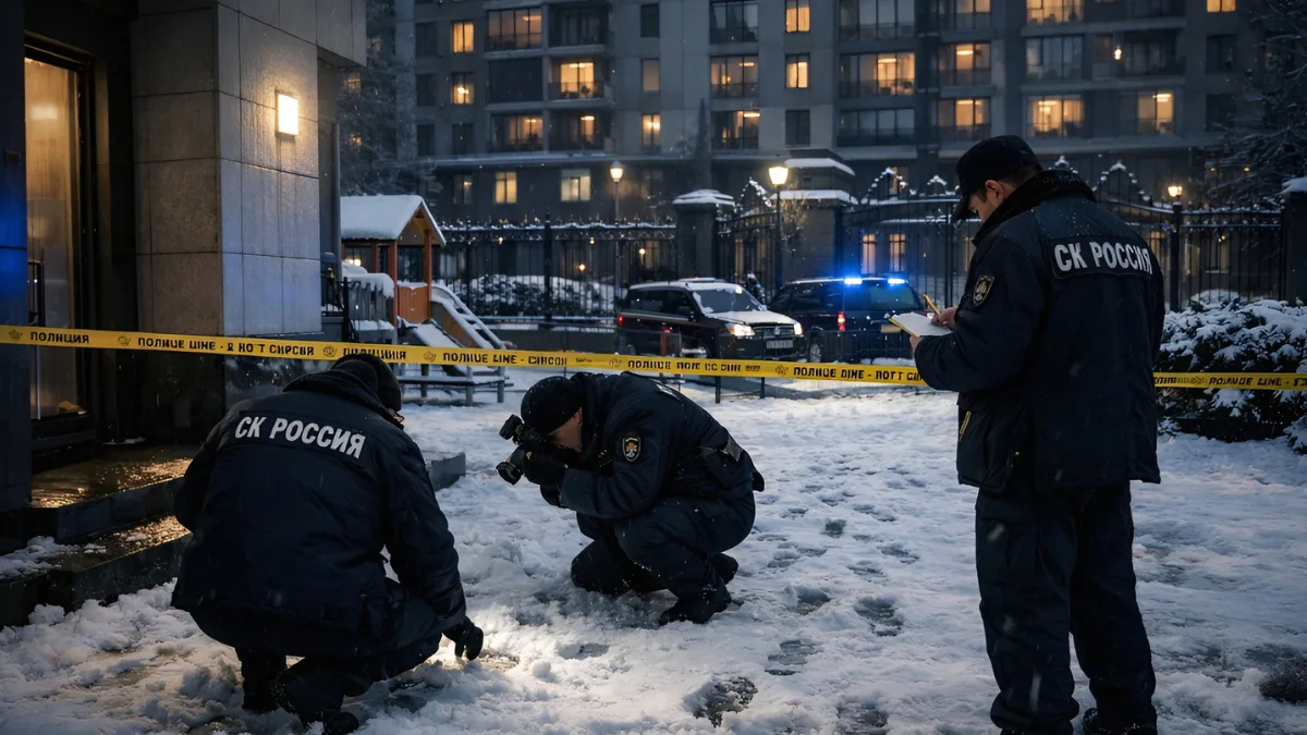 Police investigators examine a snowy crime scene at an apartment complex in Moscow where Russian General Vladimir Alekseyev was shot.