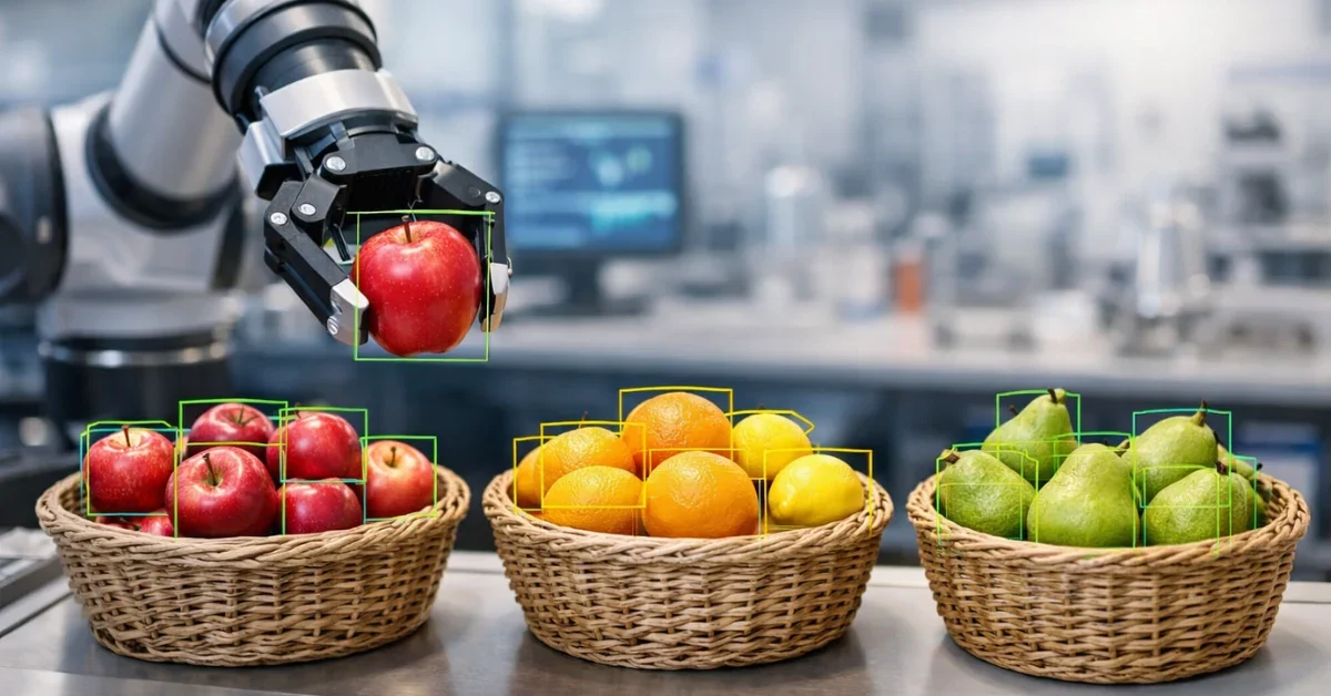 A robot arm in a high-tech lab places fruit into baskets on a workbench under bright lighting.