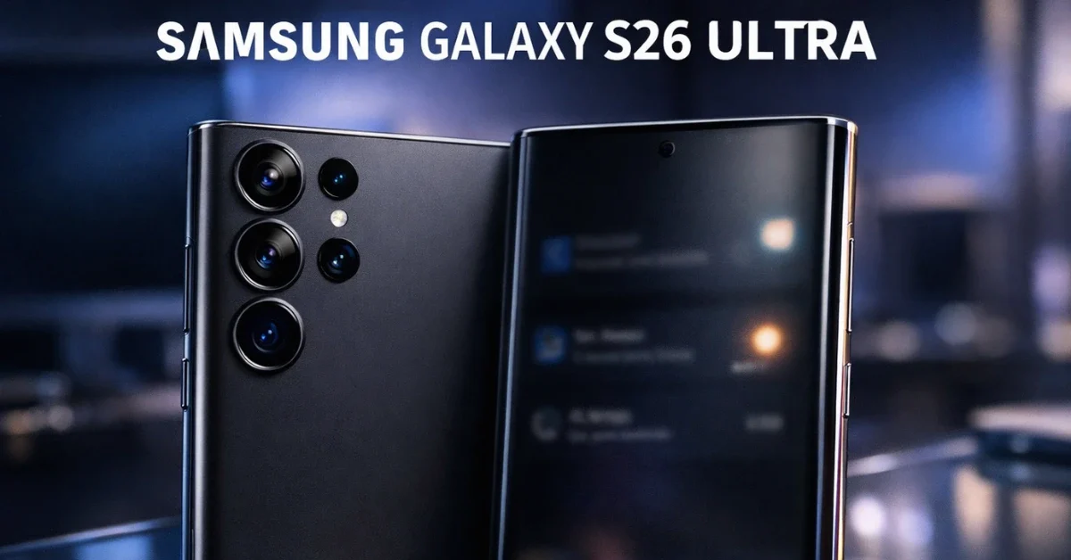 The new Samsung Galaxy S26 Ultra smartphone displayed on a sleek glass desk in a modern, softly lit office environment.
