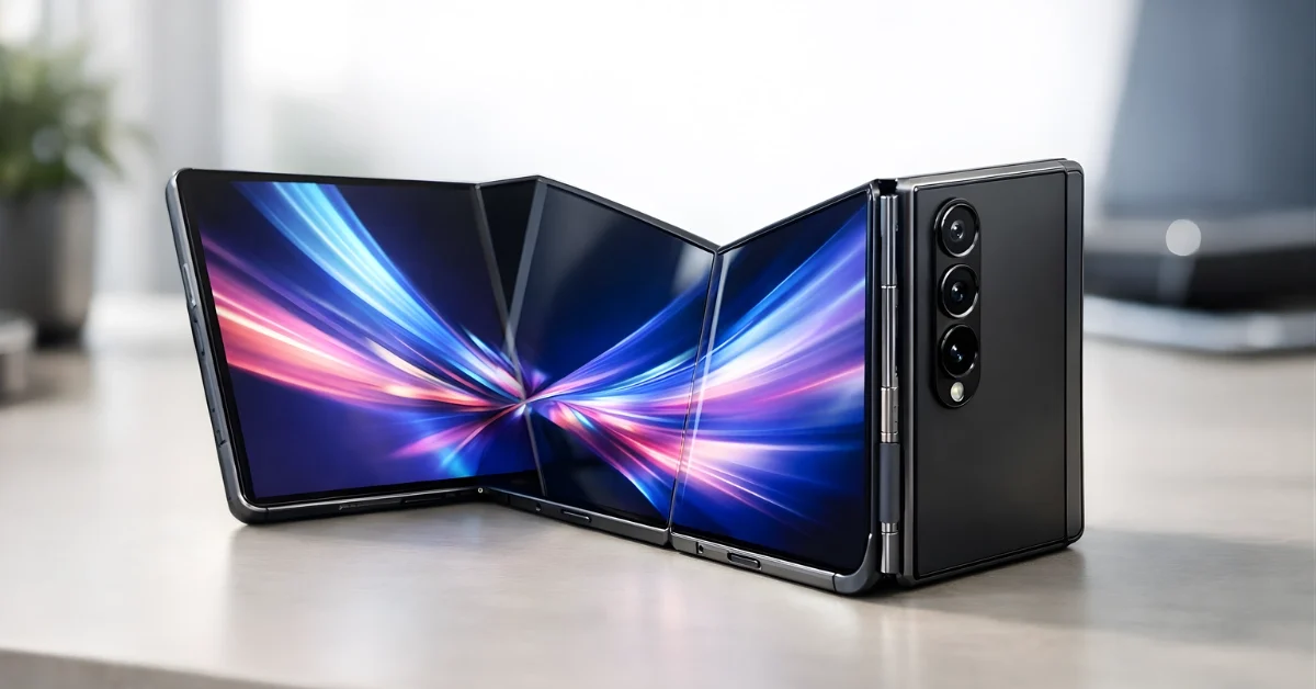 Samsung Galaxy Z TriFold smartphone partially unfolded on a desk showing its innovative triple-folding display design.