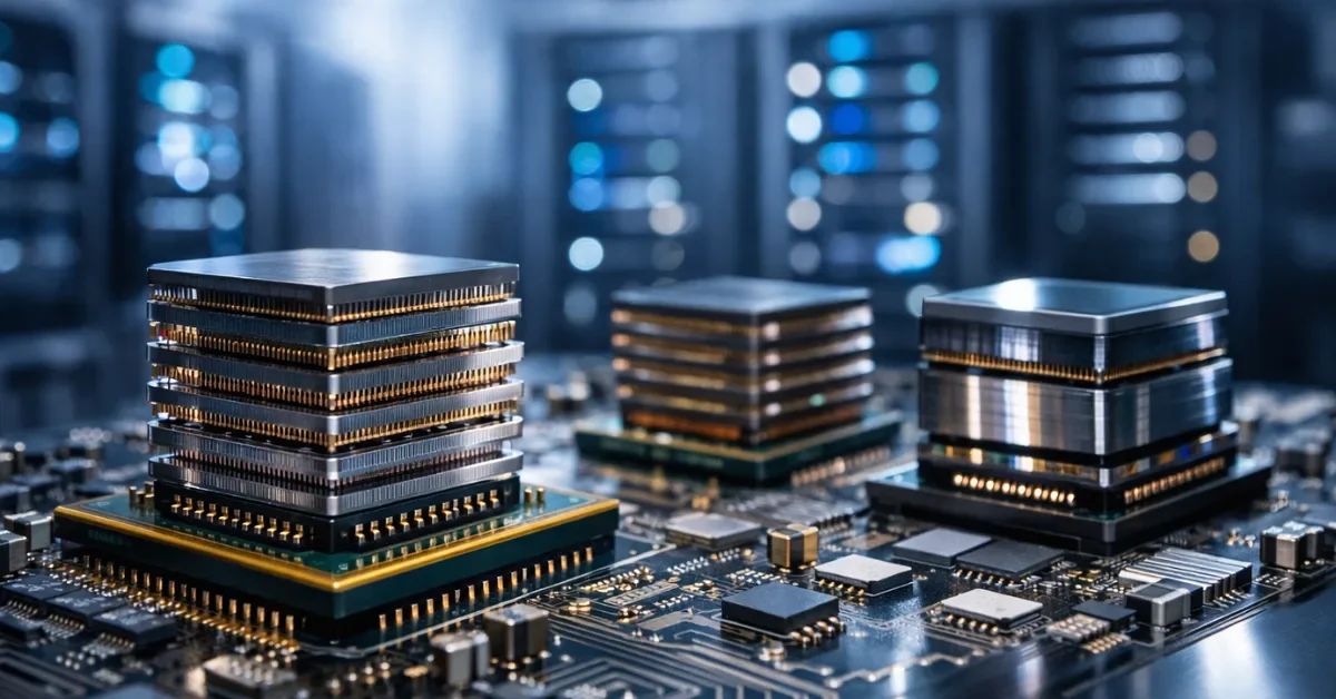 Close-up of stacked HBM4 high-bandwidth memory chips on a circuit board under cool blue laboratory lighting, with blurred data center server racks visible in the background.