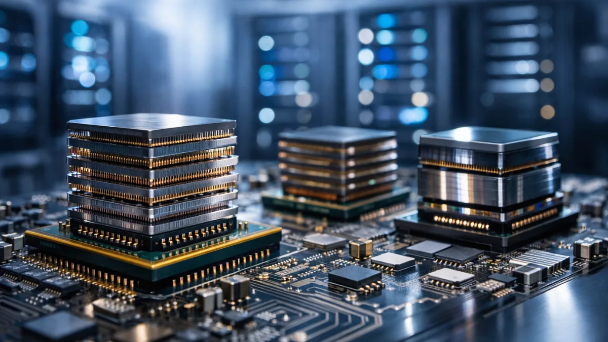 Close-up of stacked HBM4 high-bandwidth memory chips on a circuit board under cool blue laboratory lighting, with blurred data center server racks visible in the background.