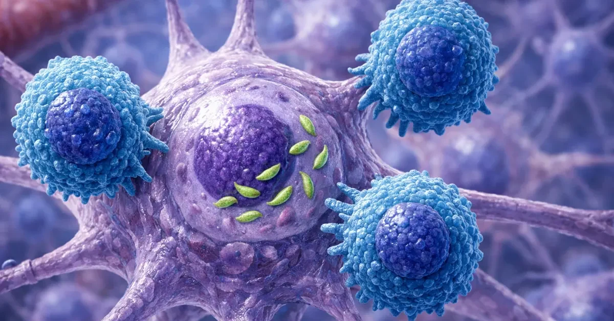 Medical illustration showing Toxoplasma gondii parasites inside brain cells with immune system T cells nearby in cross-section view of brain tissue.