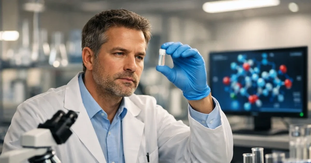 A scientist in a white lab coat examining a vial in a research laboratory, with scientific equipment and molecular diagrams visible in the background, representing UCL research on epoxy-oxylipins and the body's natural mechanism to switch off inflammation.