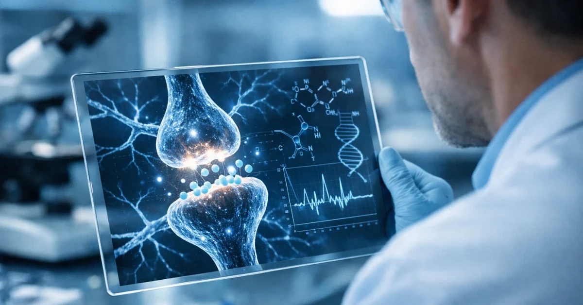 A scientist in a modern laboratory examining a 3D digital model of brain receptors and neurons on a transparent tablet.