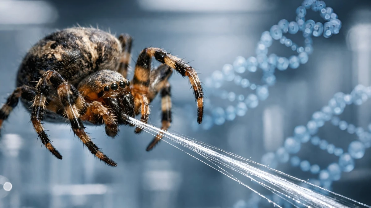 A close-up of a spider spinning a glistening silk fiber with abstract molecular structures in the background, representing the new research on spider silk strength.