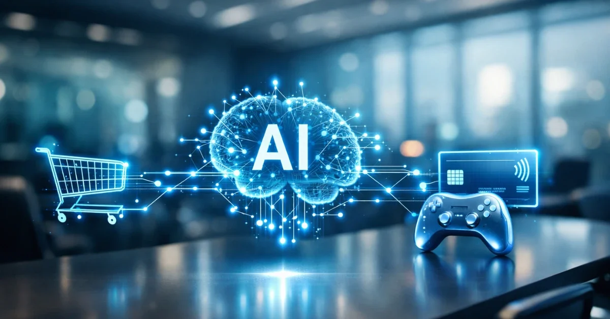 A digital hologram showing artificial intelligence networks connecting e-commerce, gaming, and financial icons in a modern corporate setting.