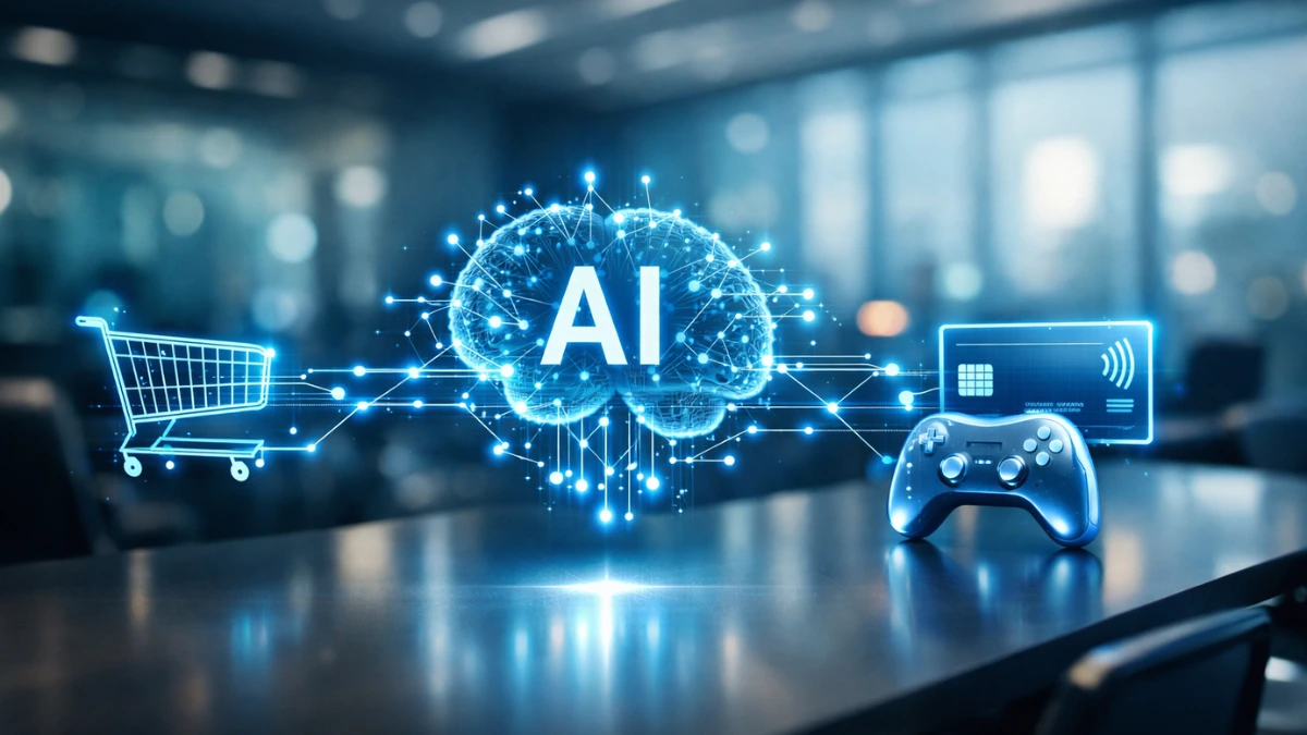 A digital hologram showing artificial intelligence networks connecting e-commerce, gaming, and financial icons in a modern corporate setting.