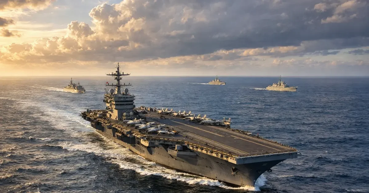 A U.S. aircraft carrier sails at sea with escort warships visible nearby under a cloudy sky.