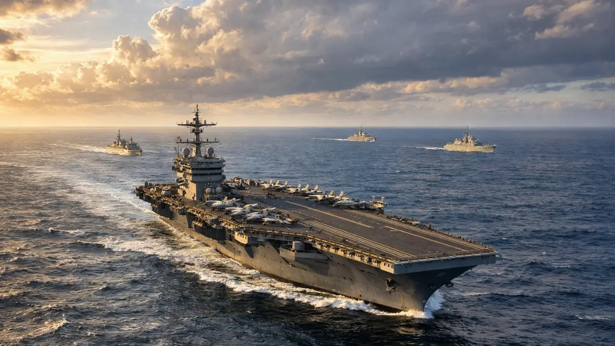 A U.S. aircraft carrier sails at sea with escort warships visible nearby under a cloudy sky.