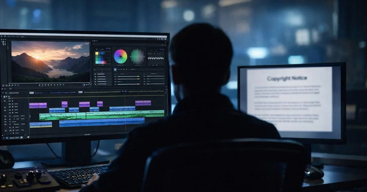 A film editing suite with monitors showing a video timeline interface and a blurred copyright-related document on screen.