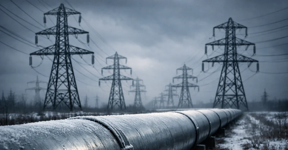 Heavy high-voltage electrical towers and a snow-dusted industrial oil pipeline set against an overcast winter sky.