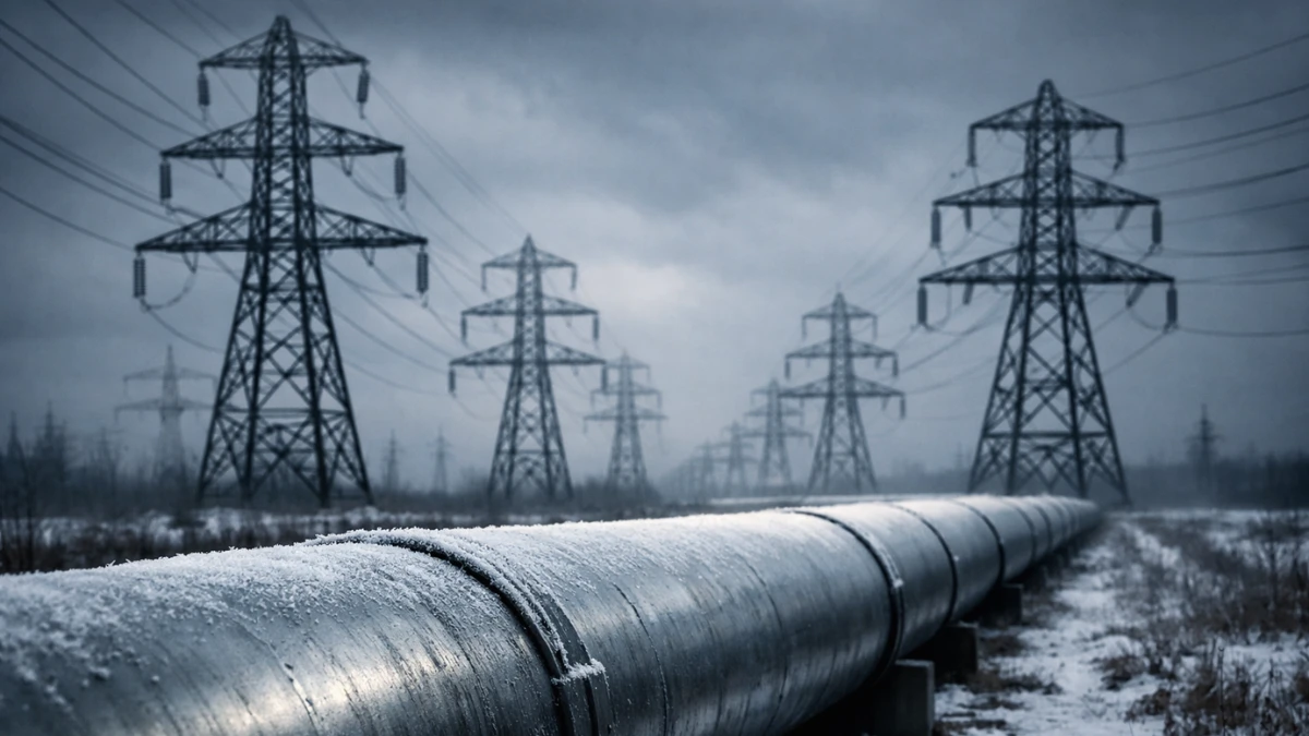 Heavy high-voltage electrical towers and a snow-dusted industrial oil pipeline set against an overcast winter sky.