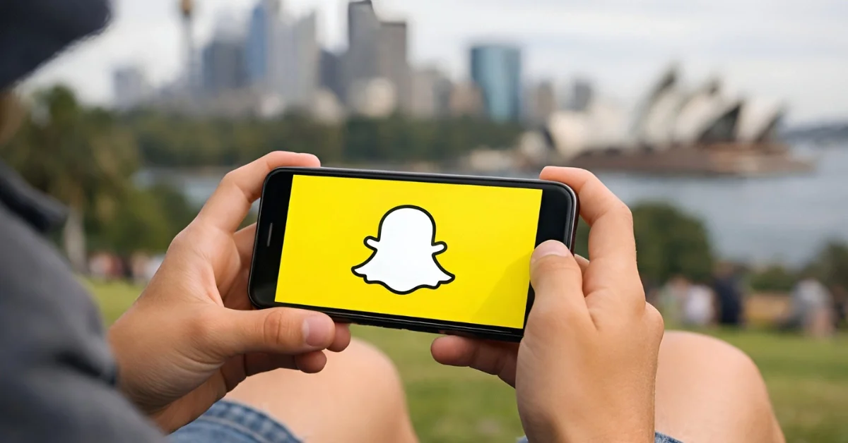 A smartphone displaying the Snapchat app logo held by a teenager in an outdoor Australian park setting.