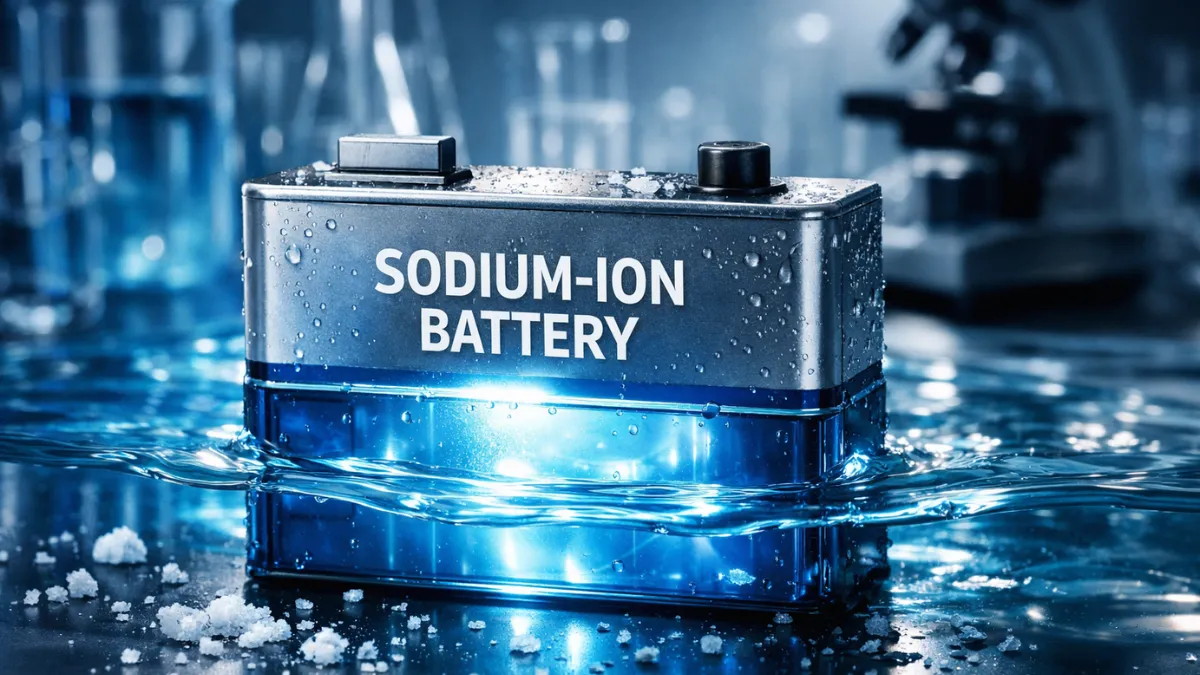 A sodium-ion battery cell partially submerged in clear blue seawater on a laboratory bench, representing the University of Surrey's breakthrough discovery that retaining moisture in sodium vanadium oxide nearly doubles battery energy storage and enables electrochemical seawater desalination.
