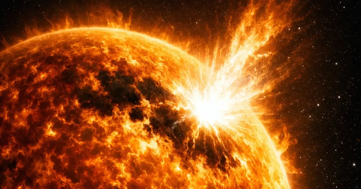 A hyper-realistic illustration of a massive X-class solar flare erupting from the sun's surface into space.