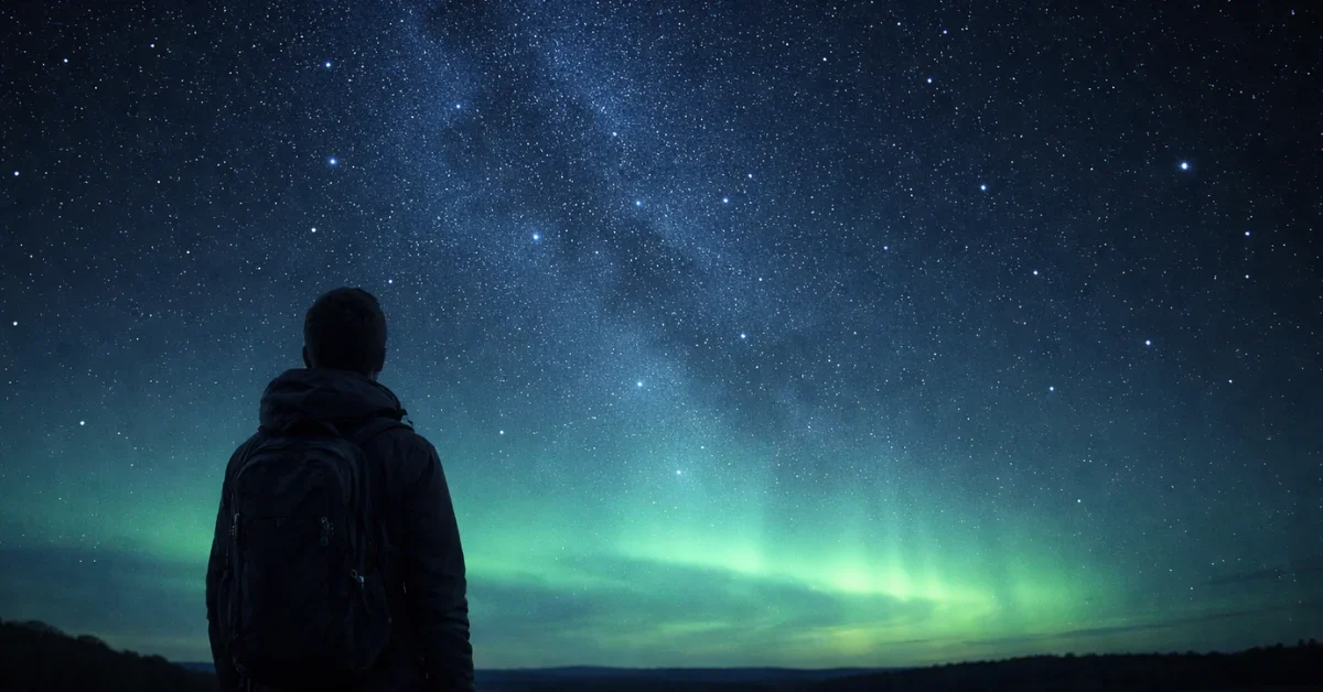 A wide night-sky scene with a faint green aurora glow near the horizon above a dark landscape silhouette.