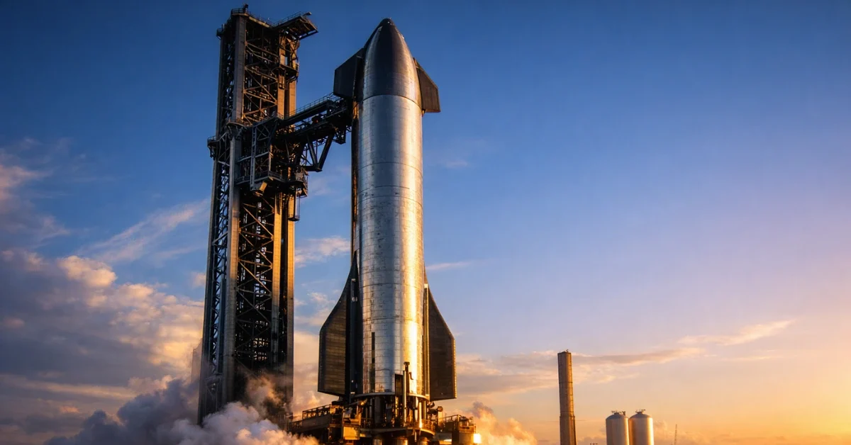 A large SpaceX Starship rocket stands on a launch pad in Texas under golden hour lighting, representing the company's ambitious aerospace goals.
