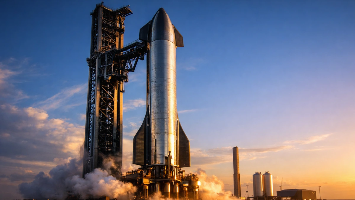 A large SpaceX Starship rocket stands on a launch pad in Texas under golden hour lighting, representing the company's ambitious aerospace goals.