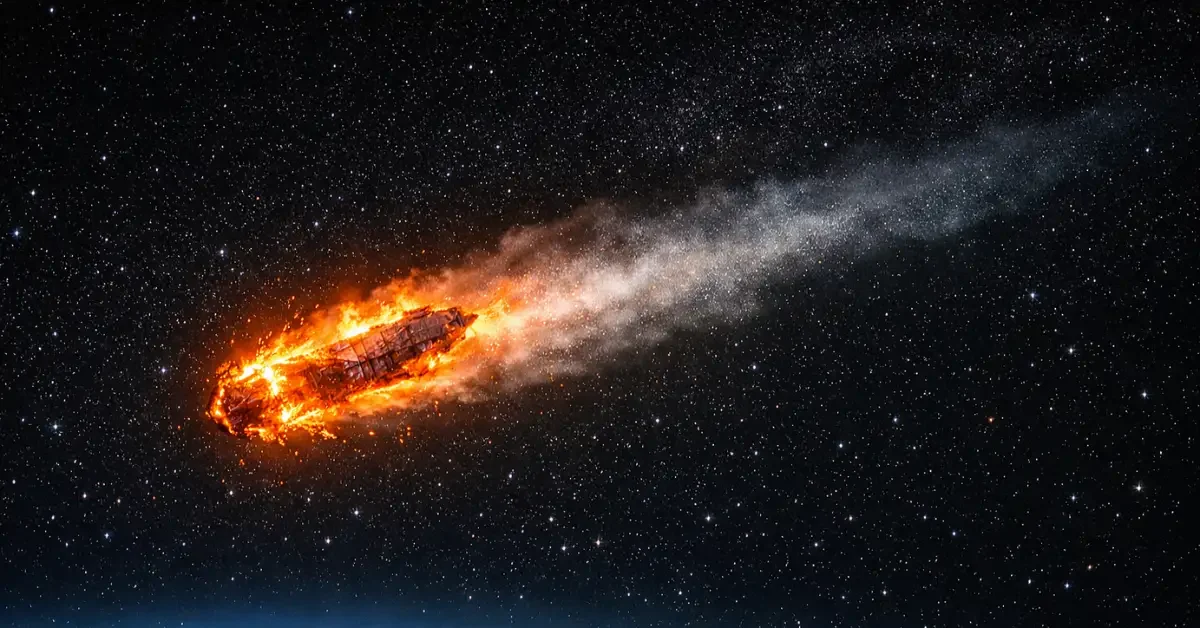 A bright piece of space debris burning up in Earth's dark upper atmosphere, leaving a glowing trail behind it.