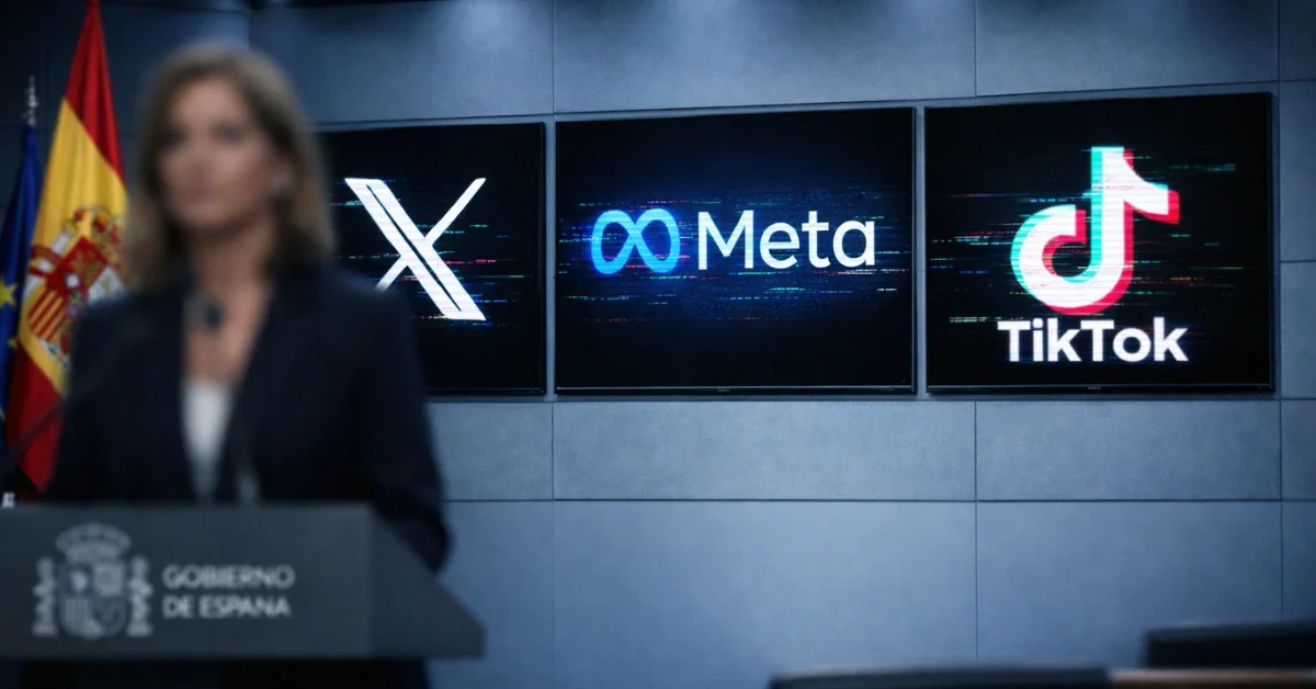 A news-style image showing a Spanish government briefing room with screens displaying the logos of X, Meta, and TikTok, symbolizing the criminal investigation into AI-generated content.