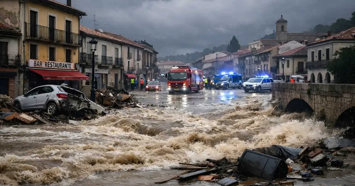 A flooded street in a Spanish or Portuguese town with a swollen river and emergency vehicles under a stormy sky.