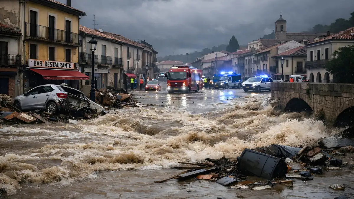 A flooded street in a Spanish or Portuguese town with a swollen river and emergency vehicles under a stormy sky.