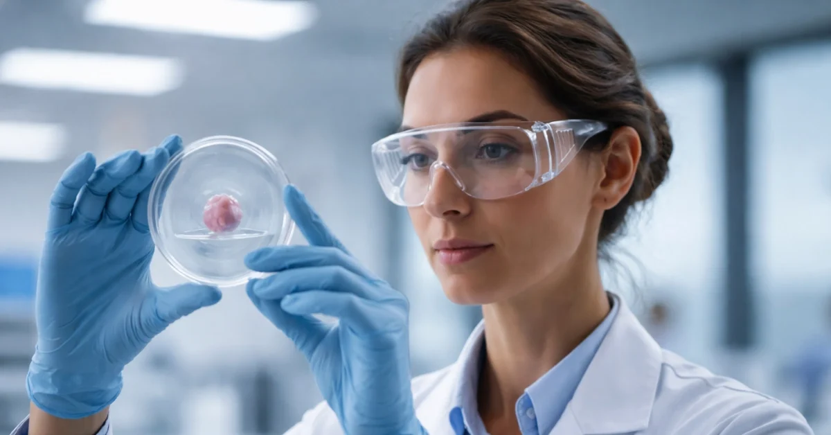 A researcher in a laboratory holds a clear culture dish containing a small 3D tissue organoid.
