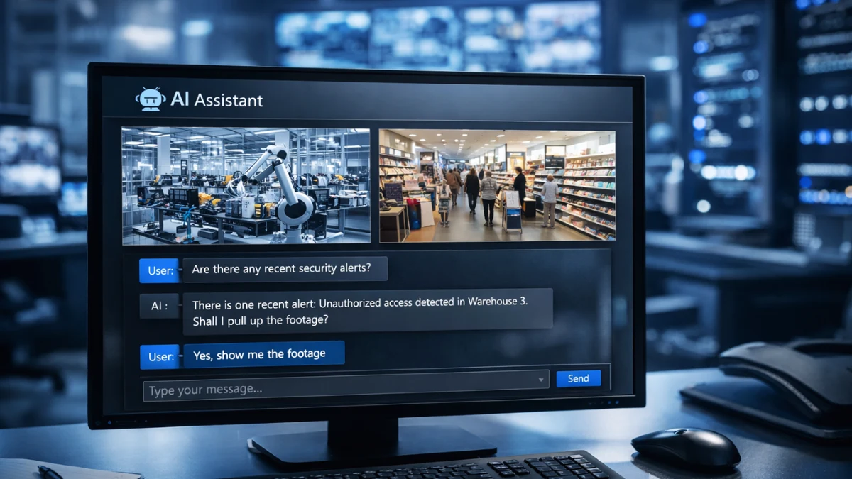 A high-tech enterprise security control room displaying the Iris conversational AI interface over live surveillance camera feeds.