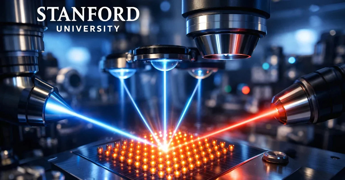 Stanford lab optical cavity array system interfacing light with atom qubits for quantum computing advancement.