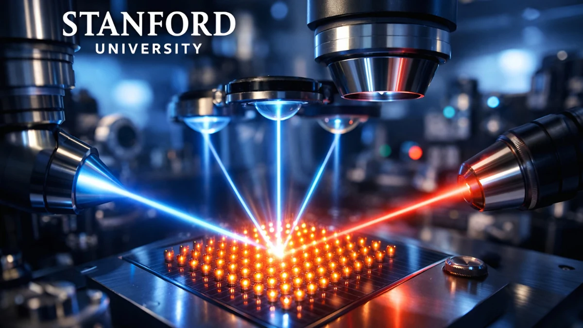 Stanford lab optical cavity array system interfacing light with atom qubits for quantum computing advancement.