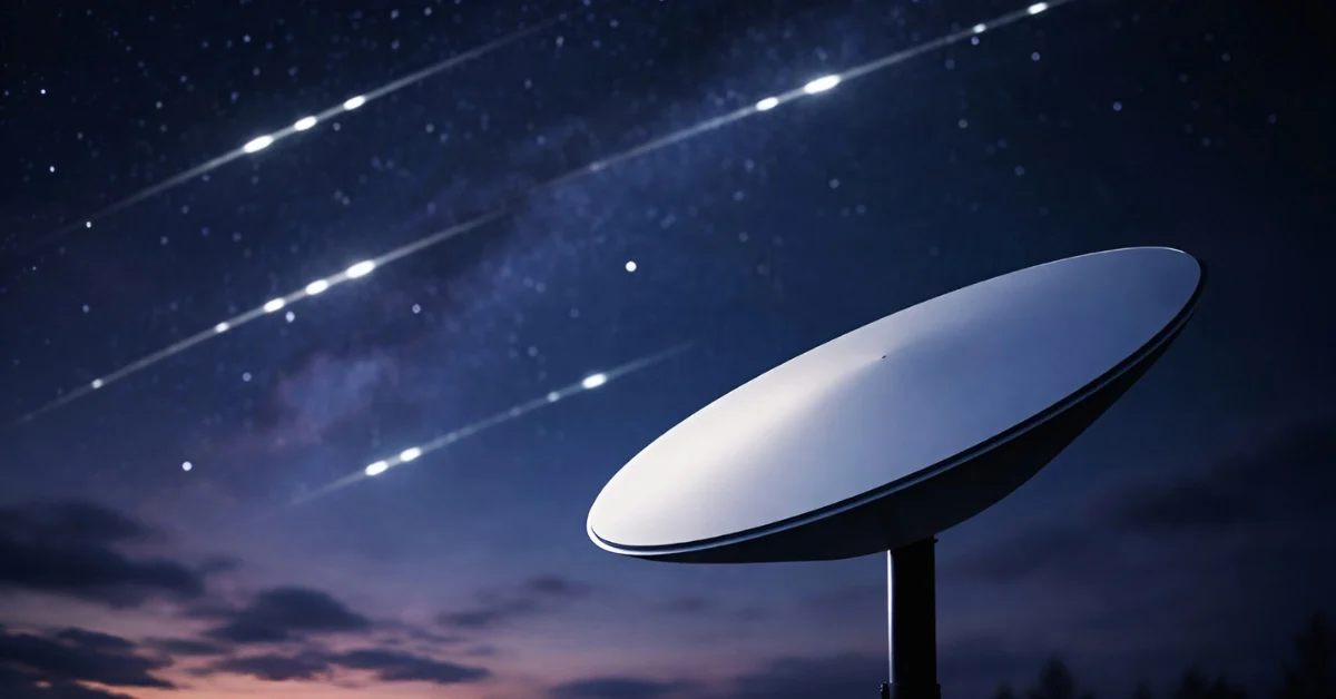 A Starlink satellite dish positioned outdoors at dusk with a starry night sky and satellite light trails in the background.