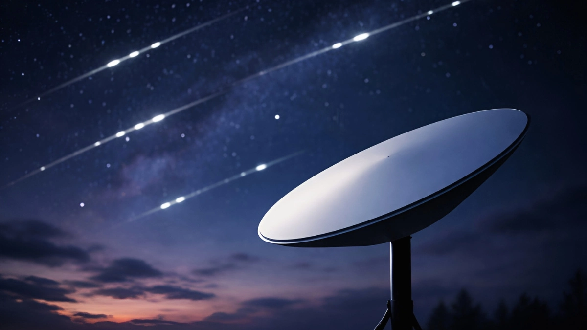 A Starlink satellite dish positioned outdoors at dusk with a starry night sky and satellite light trails in the background.
