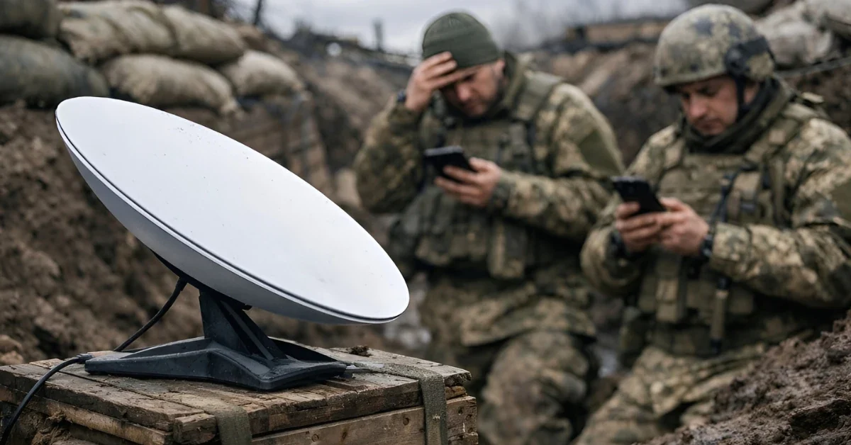 An inactive Starlink terminal sits on a crate in a muddy trench in Ukraine, with soldiers in the background checking devices, illustrating the battlefield internet shutdown.