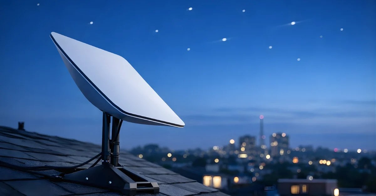 Starlink satellite dish installed on a residential rooftop with satellites visible in the evening sky representing satellite internet connectivity and data collection.