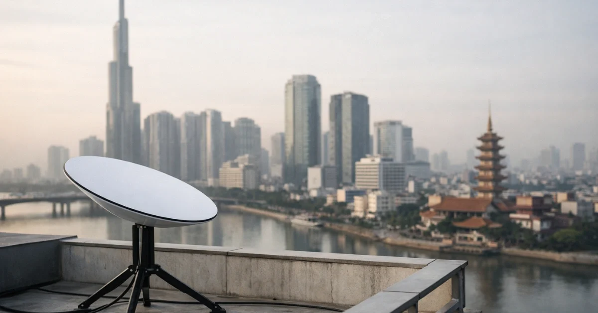 A satellite internet terminal dish on a rooftop with a Vietnam city skyline in the background.