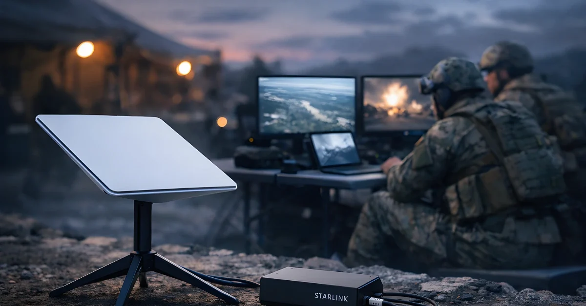 Starlink dish and terminal operating near a military command post with soldiers monitoring drone footage on screens.