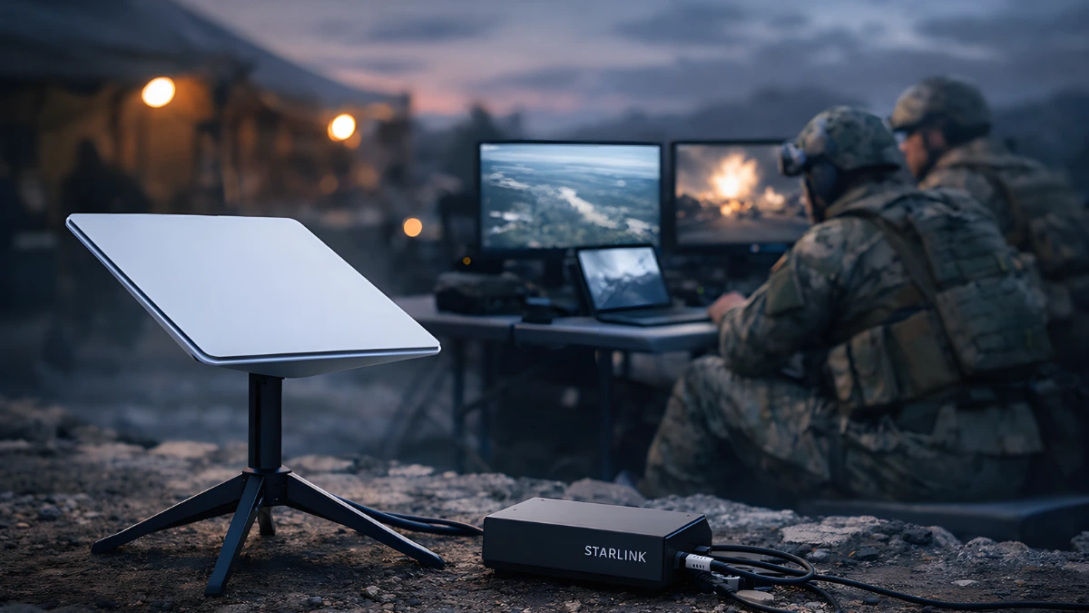 Starlink dish and terminal operating near a military command post with soldiers monitoring drone footage on screens.