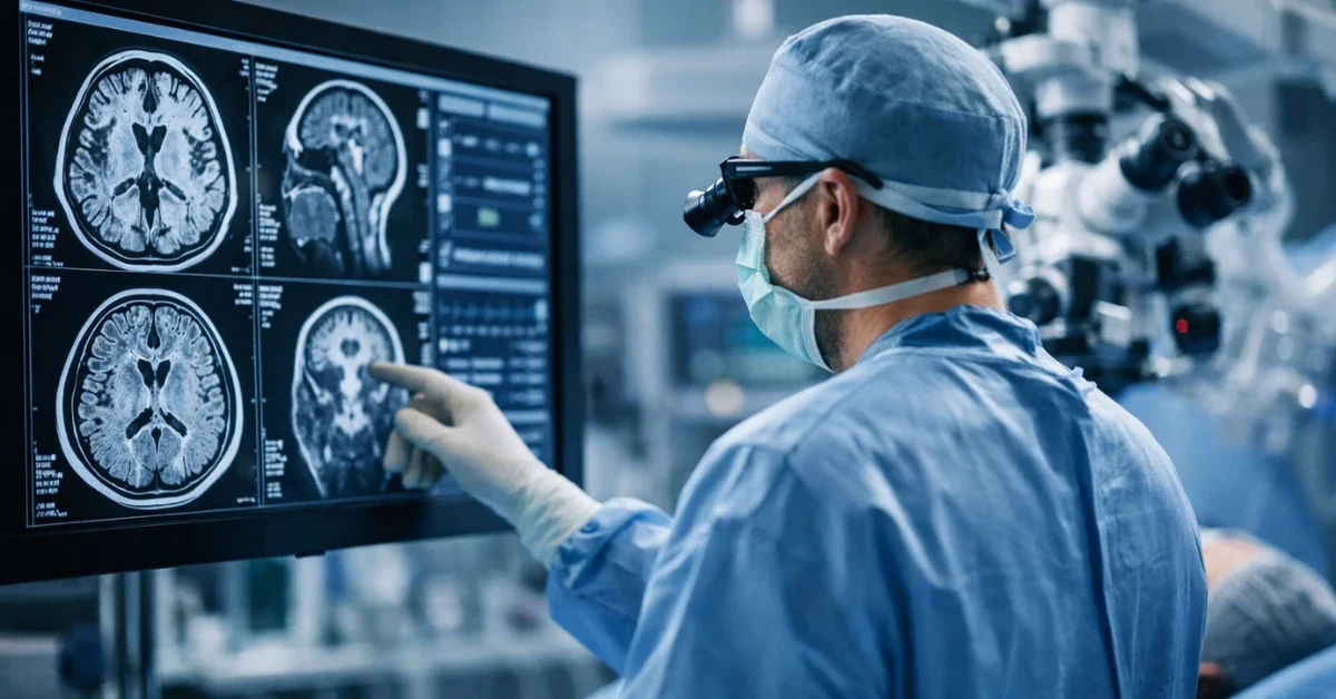 A neurosurgeon in an operating room looks at a brain MRI scan on a monitor during a procedure setup.