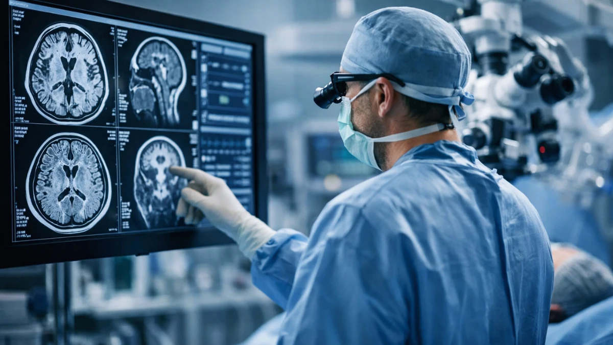 A neurosurgeon in an operating room looks at a brain MRI scan on a monitor during a procedure setup.
