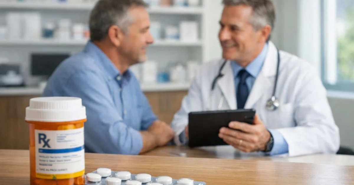 A generic prescription bottle and blister pack on a table in a medical office, with a doctor and patient discussing health information in the background.