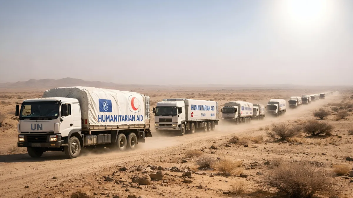 A convoy of white humanitarian aid trucks driving through a dusty, arid landscape in Sudan under a bright sun