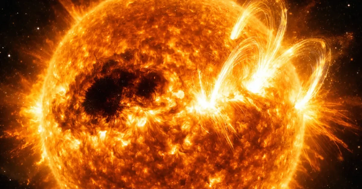 Massive sunspot region AR4366 erupting on the sun's surface with intense X-class solar flares sending electromagnetic energy bursts into space.